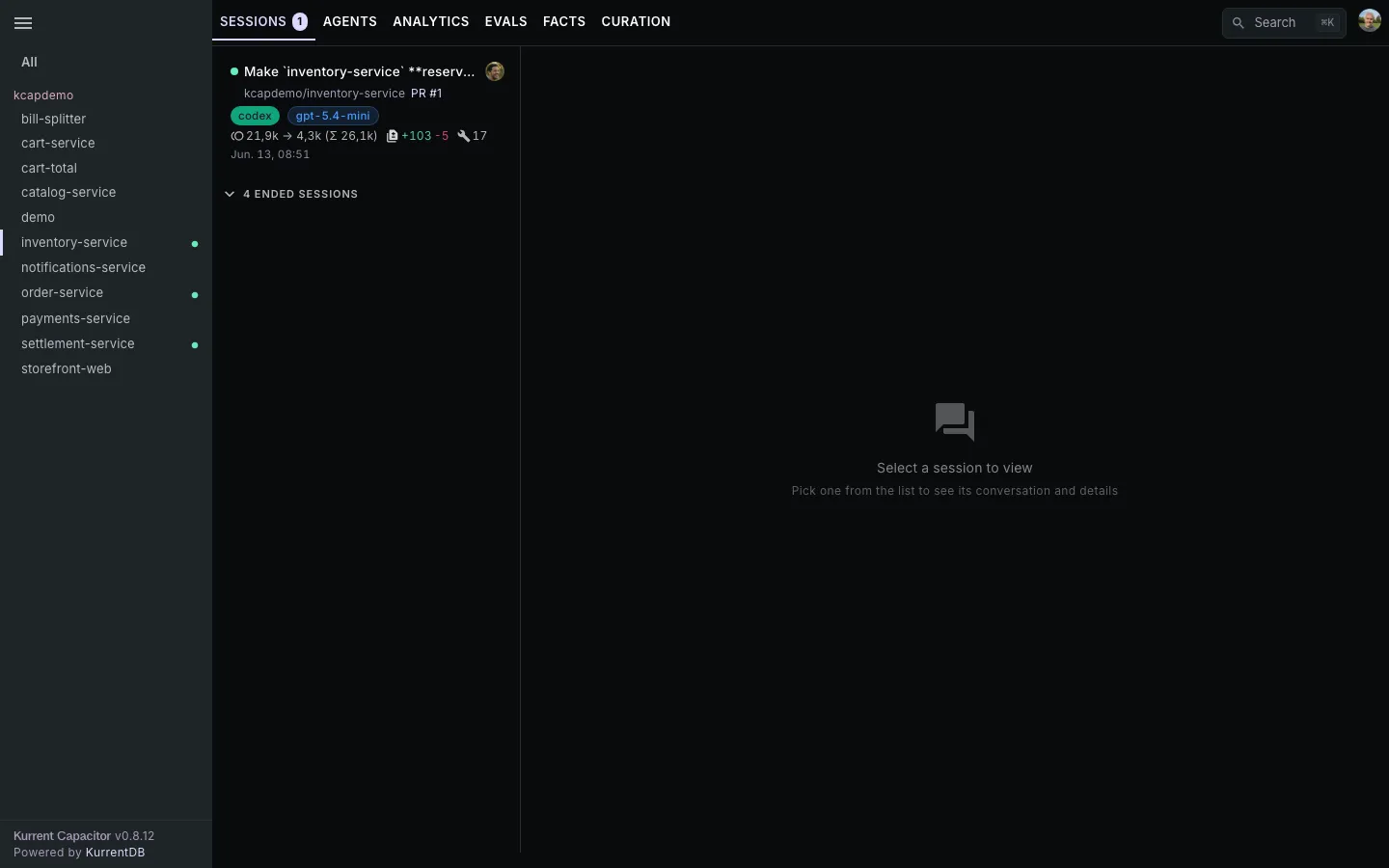 Repo-scoped dashboard tabs with Facts and Curation available.
