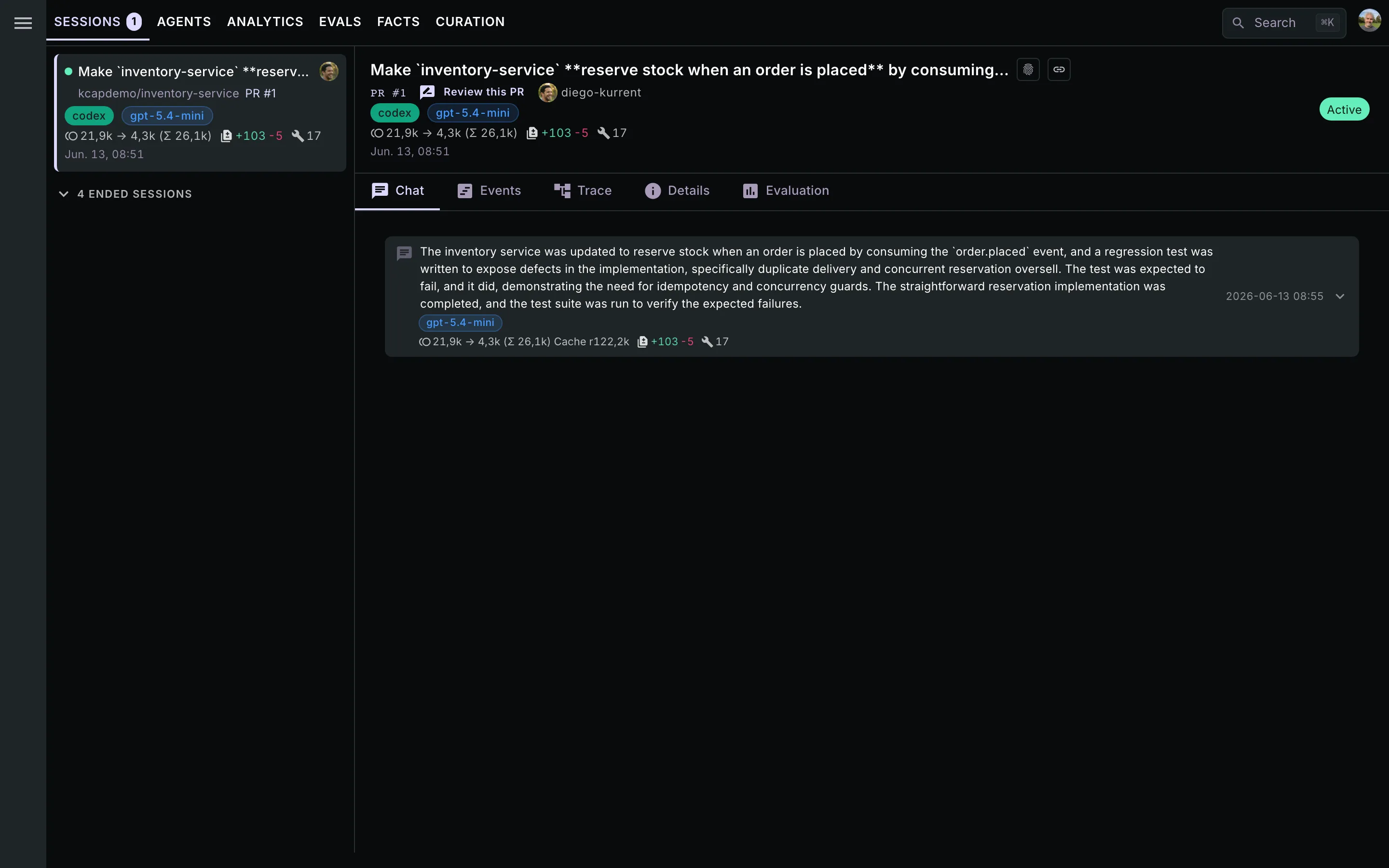 The Chat tab: a read-only replay of the conversation — user prompts, assistant messages, and tool calls with their results.